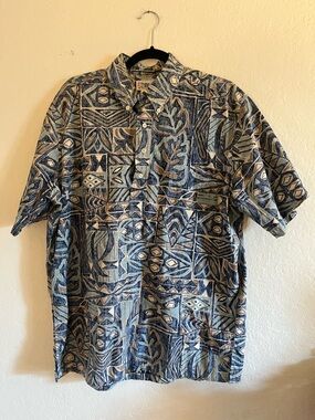 reyn spooner Blue and Cream Tropical Print Button-Down Shirt